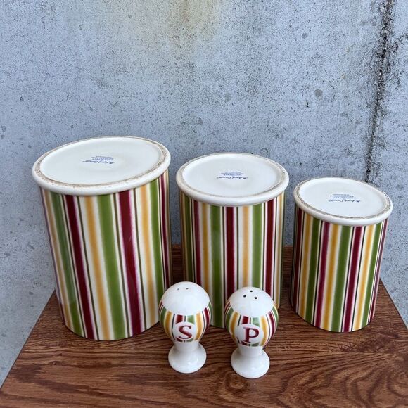 Vintage April Cornell For Silvestri Stoneware Canister Salt Pepper Shaker Set - Picture 2 of 16